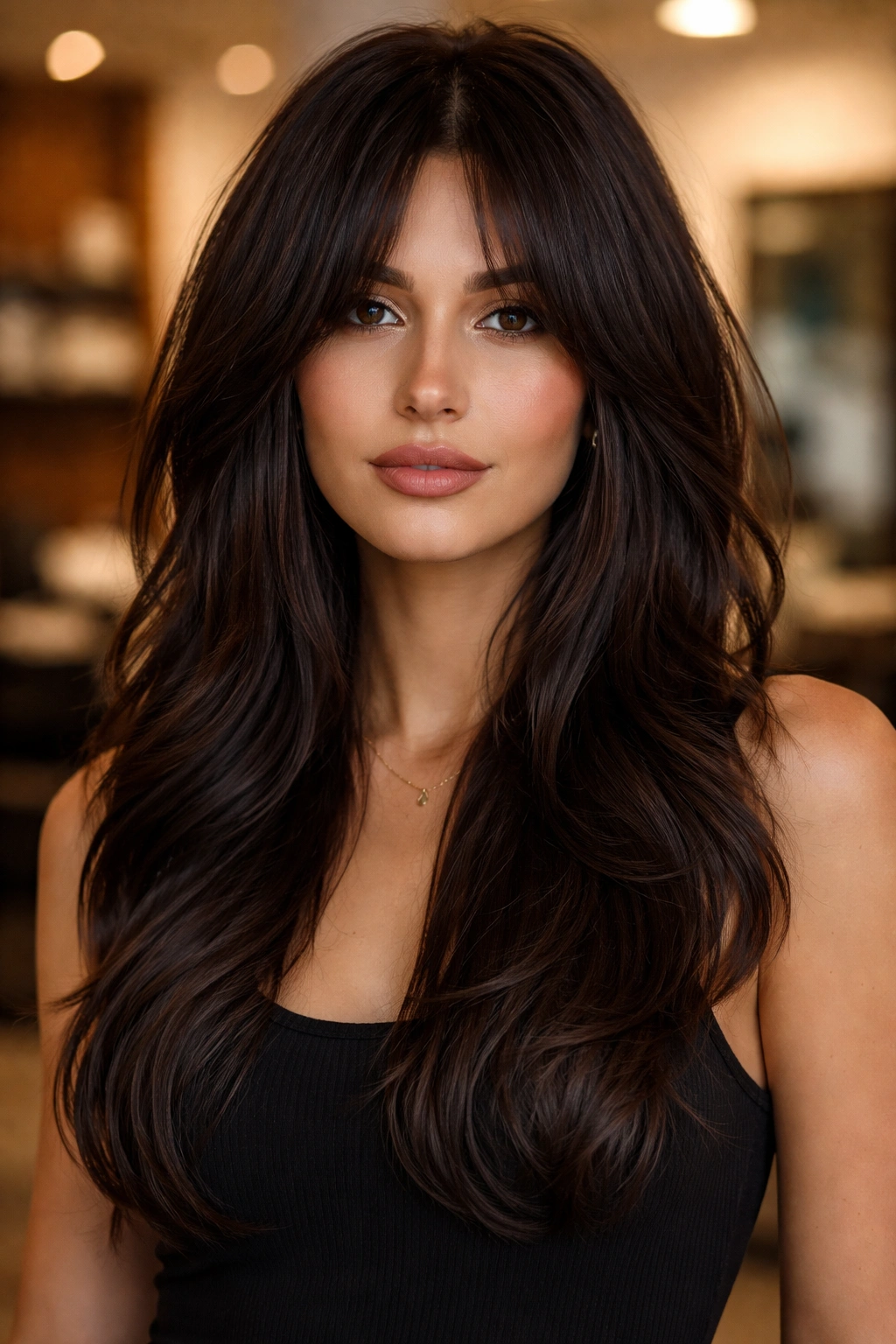 Close-up of a real woman with espresso brunette layers and feathered bangs.