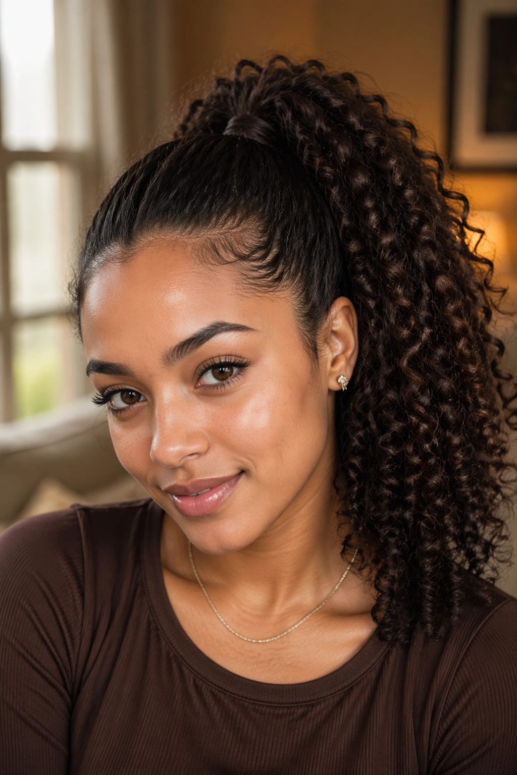 Close-up of a real woman's espresso high ponytail with defined ringlets in warm window light