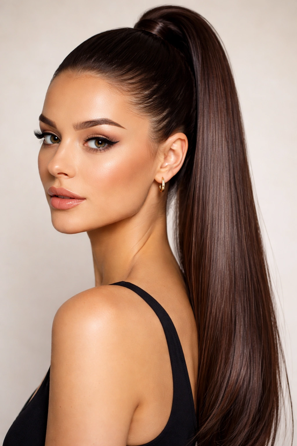 Close-up of a glossy espresso brown high ponytail with a sharp, smooth crown
