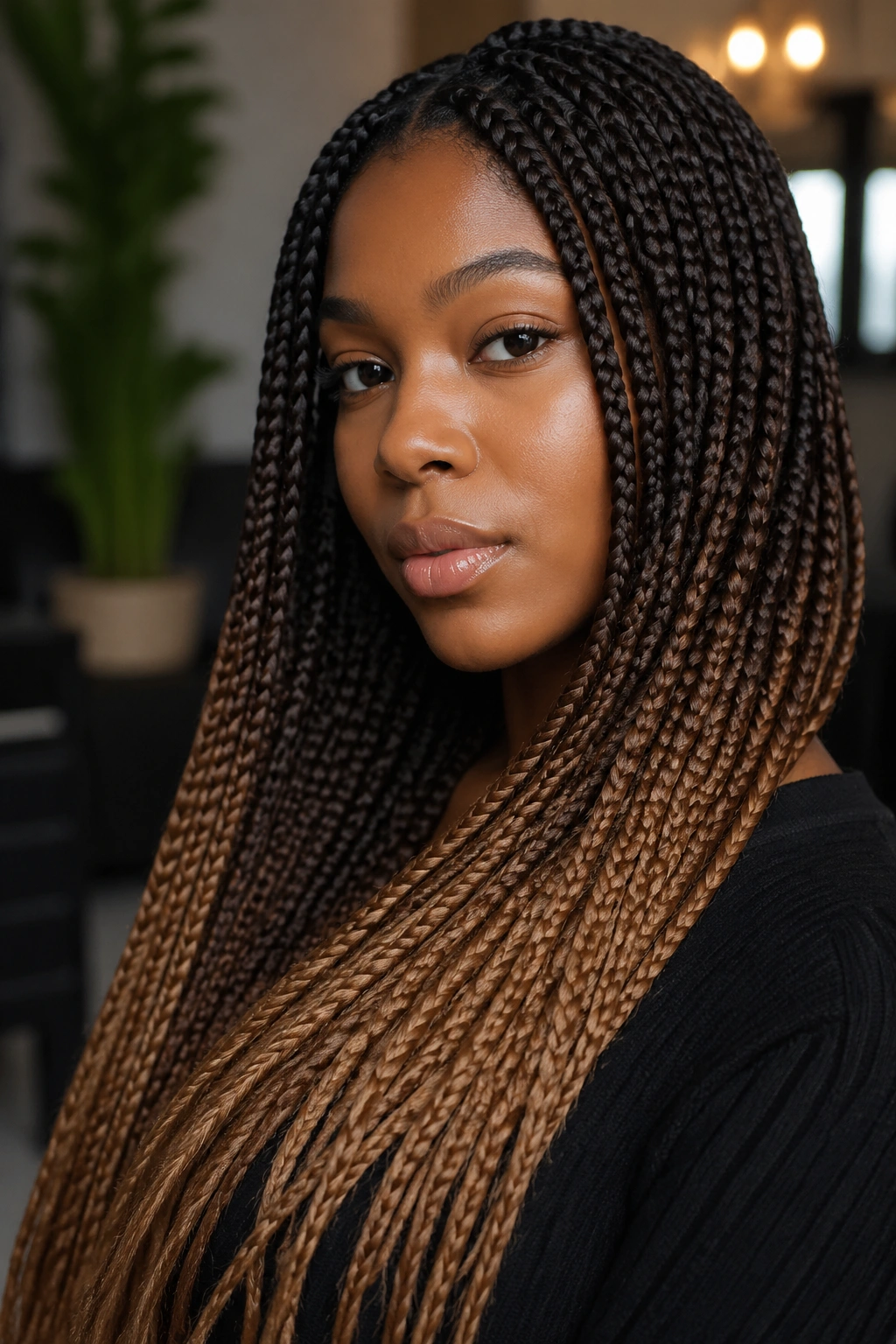 Close-up of real woman with espresso roots and caramel ends in box braids
