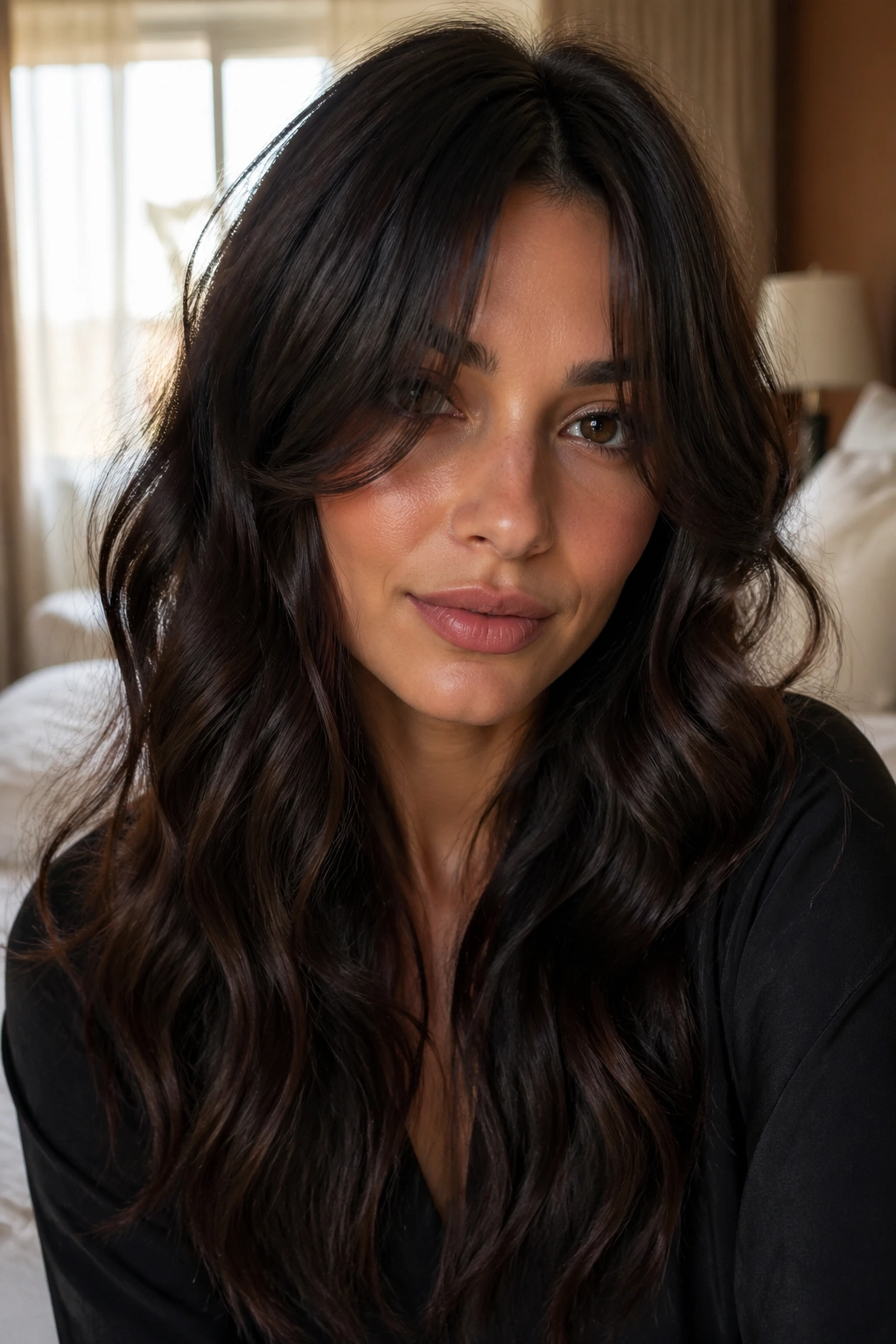 Close-up portrait of a real woman with espresso brown hair and center-part curtain bangs in soft window light