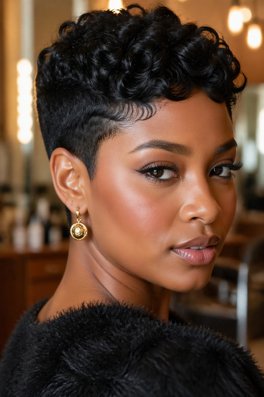Close-up of a woman with a bold Eton crop on tight curls