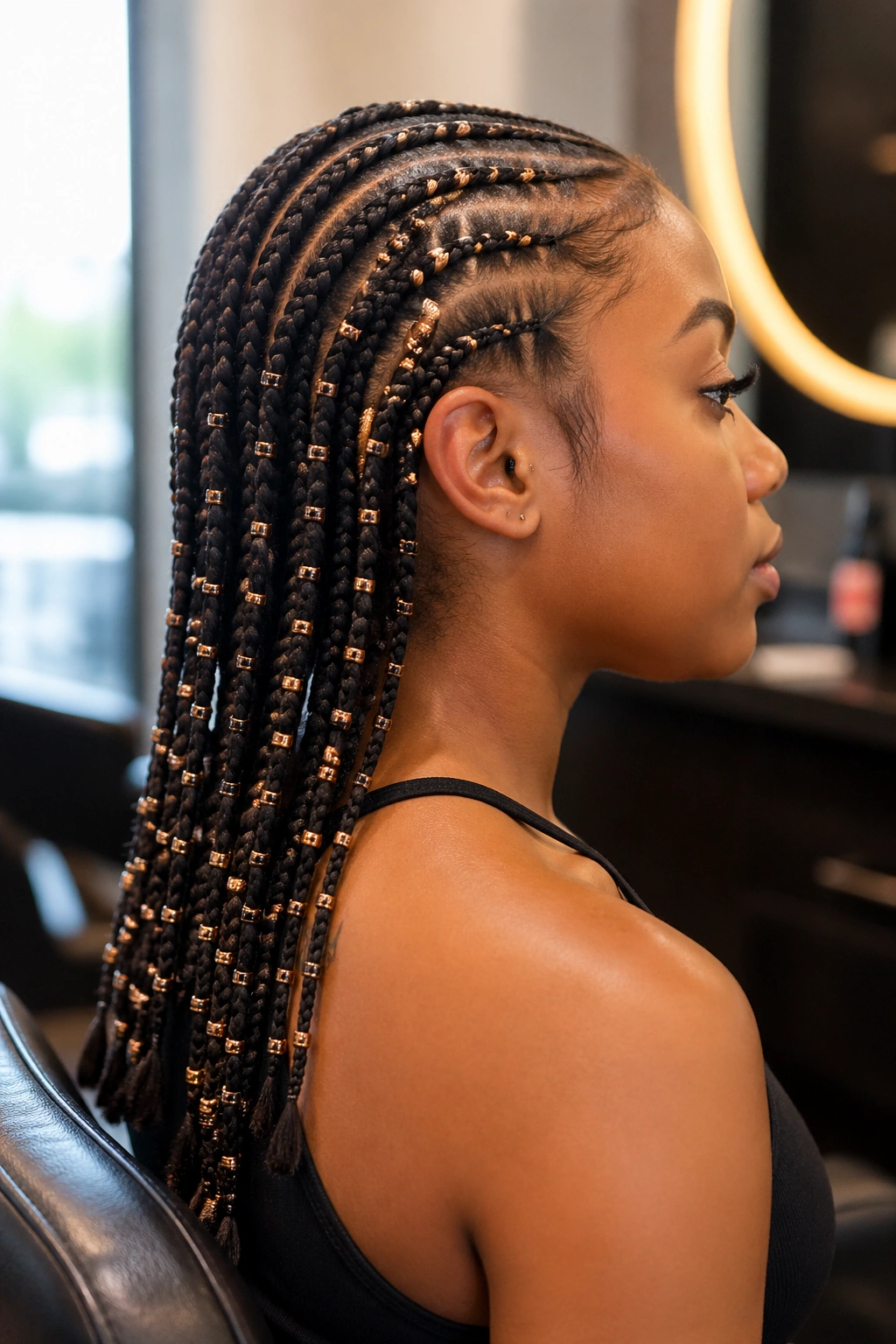 Portrait of real person with braids featuring beads evenly spaced along each braid
