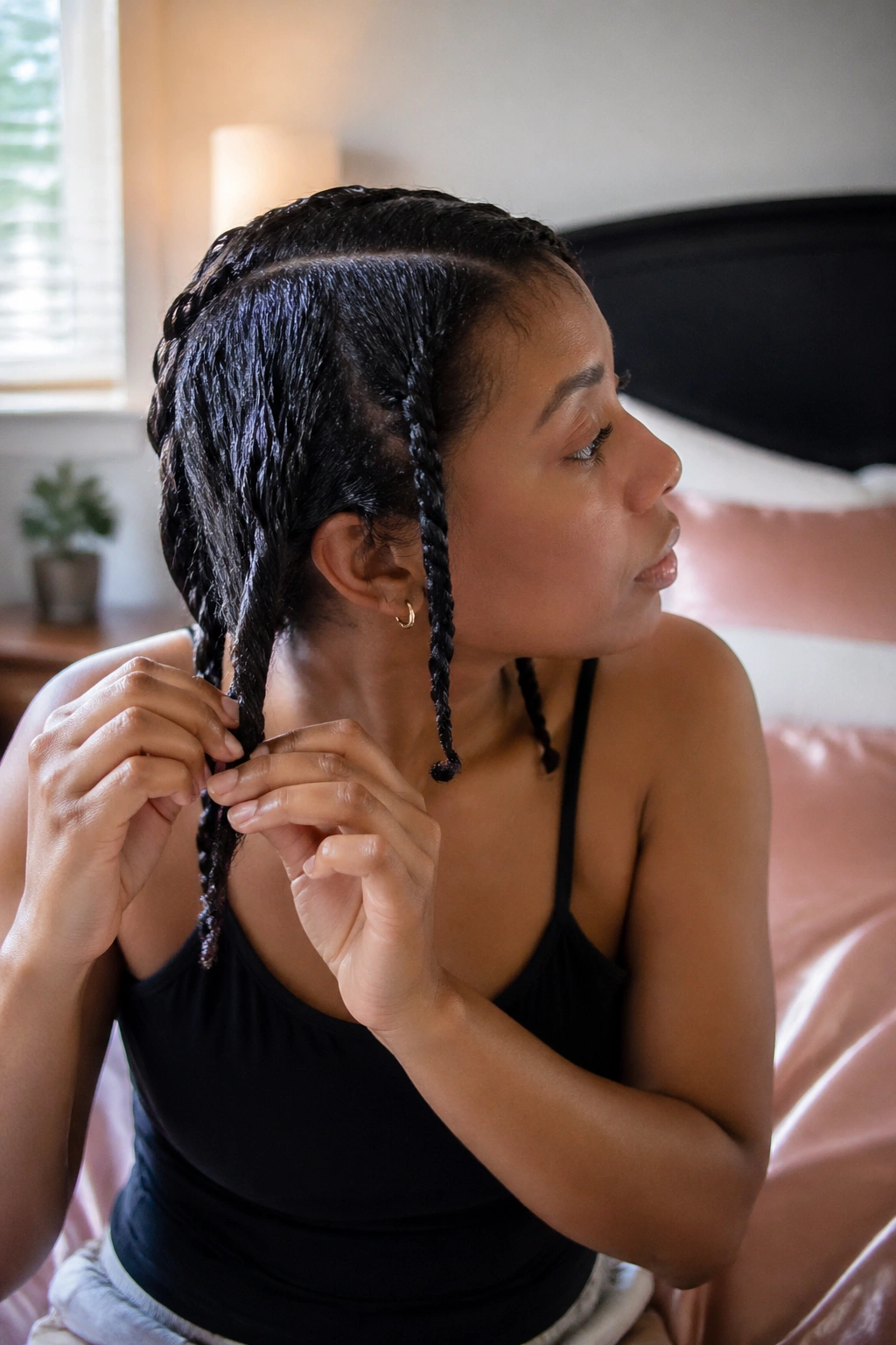 Real person prepping hair with twists in a satin bedroom setting
