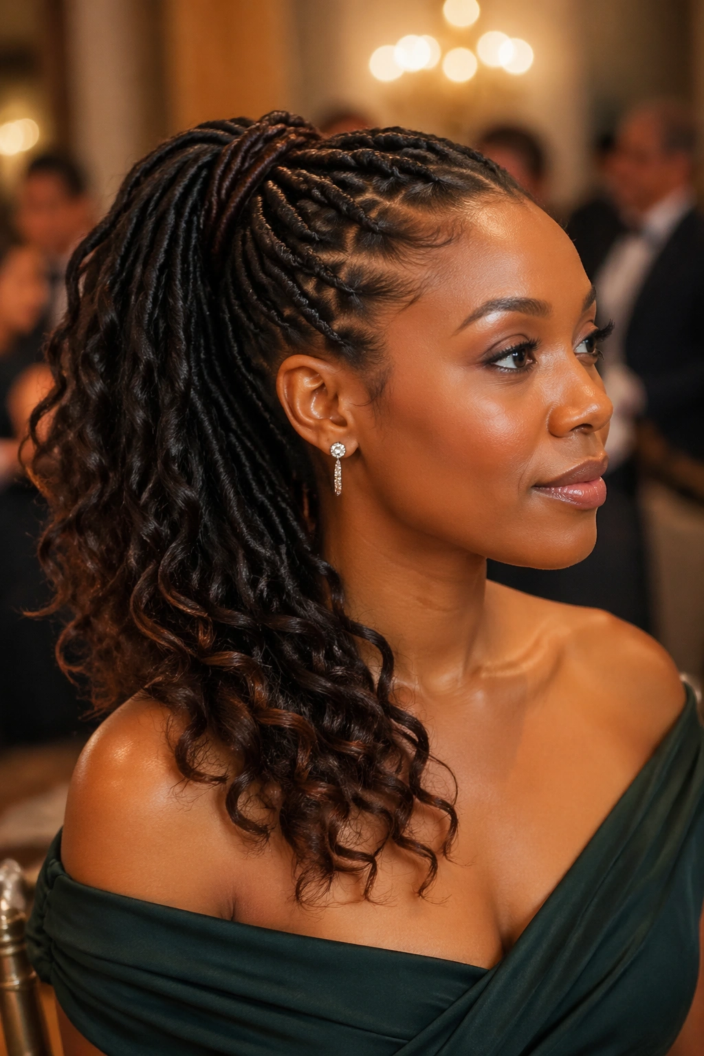 Close-up of a real woman with a butterfly braid ponytail ending in soft curls, ready for an event