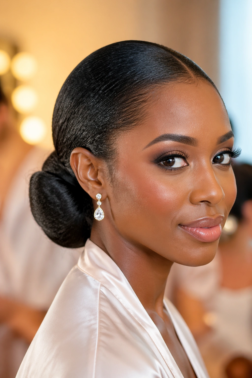 Close-up portrait of real woman with event-ready low bun at the nape