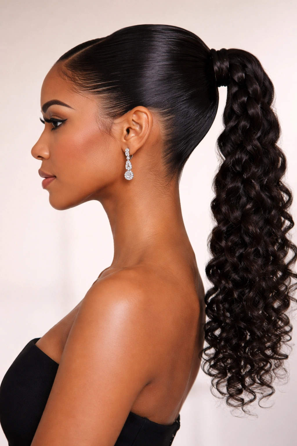 Side profile of a polished event-ready braided ponytail