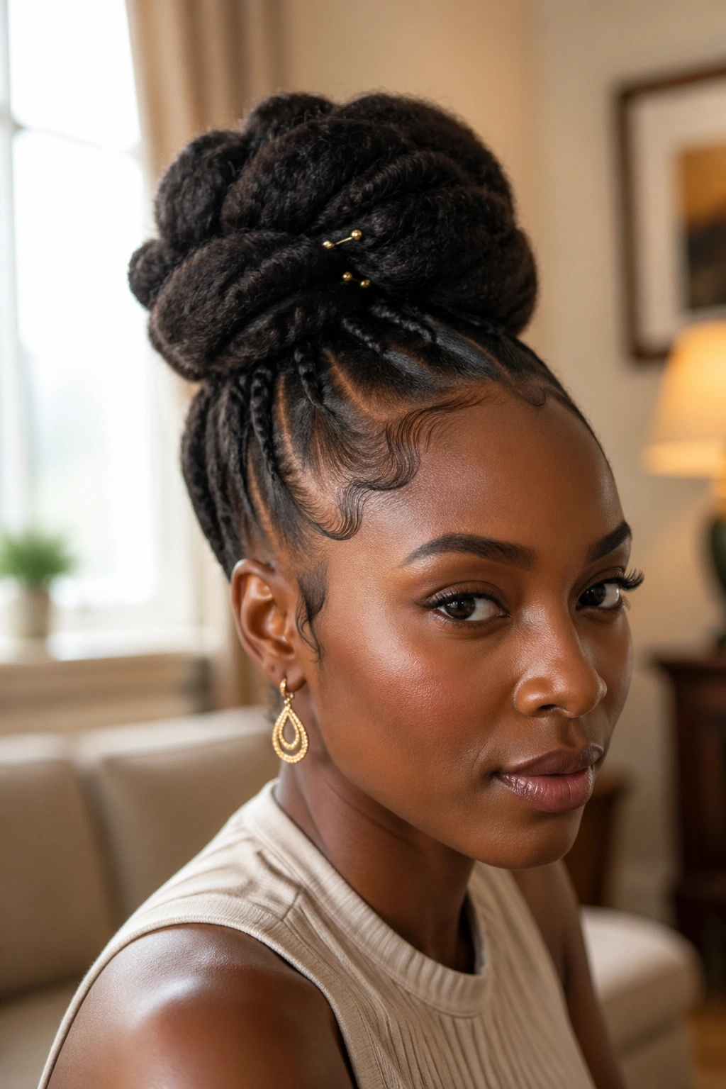 Close-up of an event updo with neatly laid edges on a real person