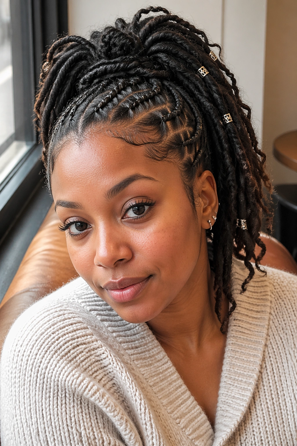 Close-up of a real woman with a simple butterfly ponytail in a low-key everyday setting