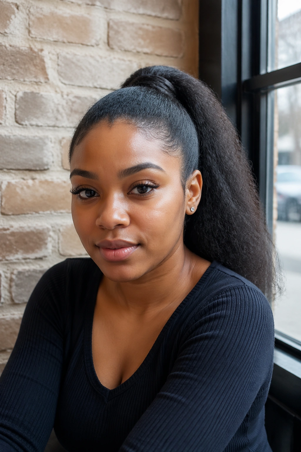 Real woman wearing low-key everyday drawstring ponytail in a cafe setting
