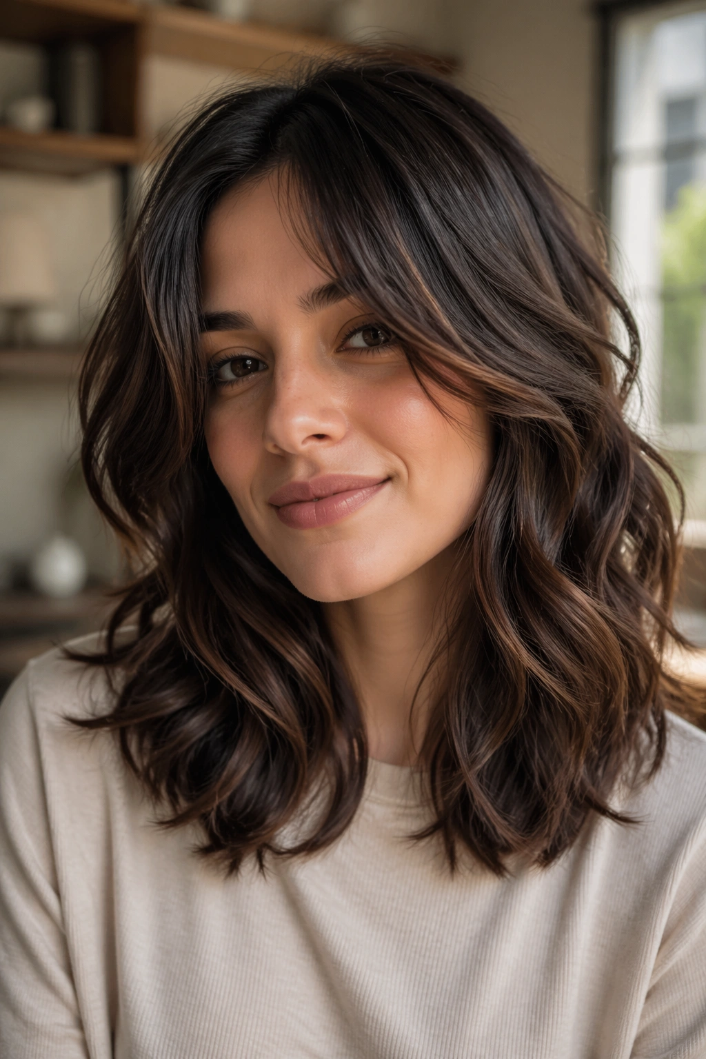 Close-up portrait of a real woman with shoulder-length wavy brunette hair and balanced layers