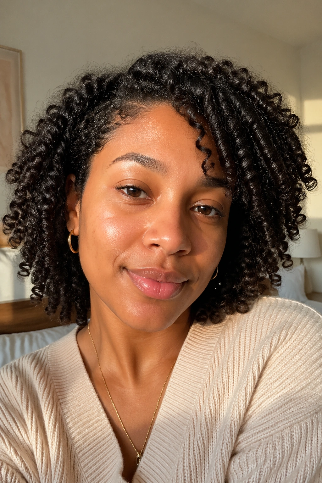 Close-up of a woman with natural curls in a sunlit bedroom, showcasing a low-manipulation wash-and-go