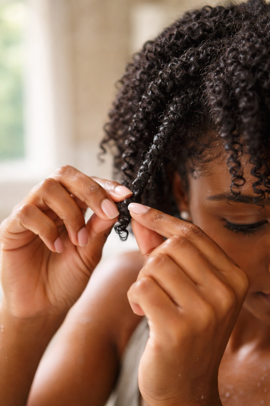 Close-up of hands curling hair around a finger on a real person