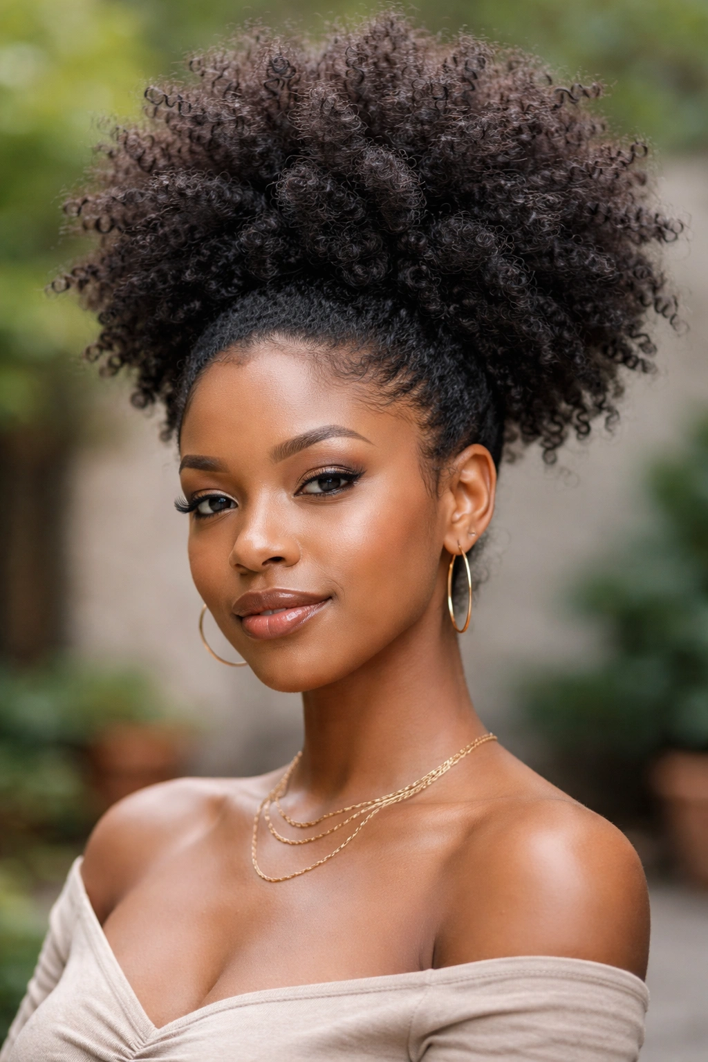 Portrait of a real woman with an exploded high puff and maximal volume