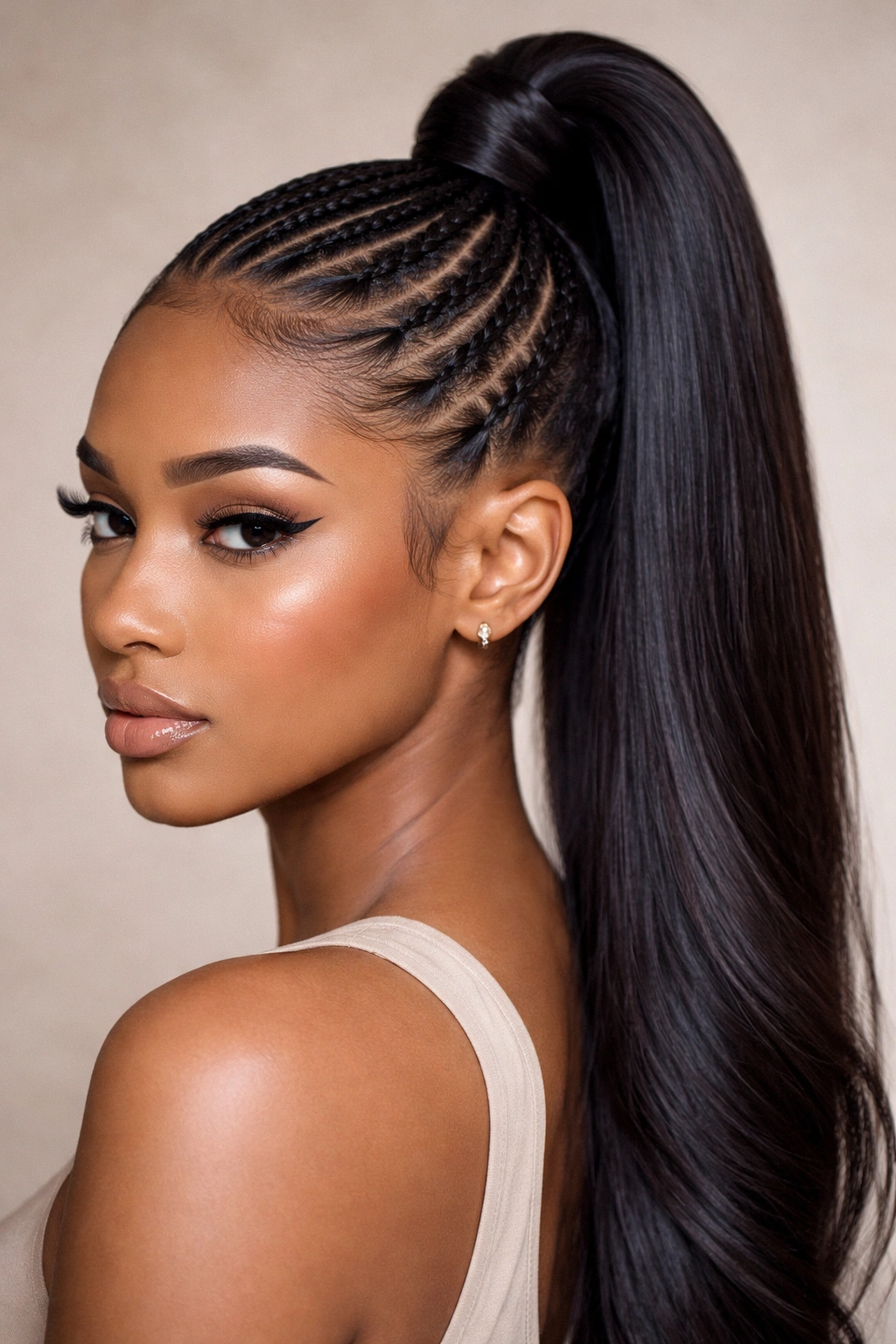 High pony with exposed cornrow patterns leading into the ponytail