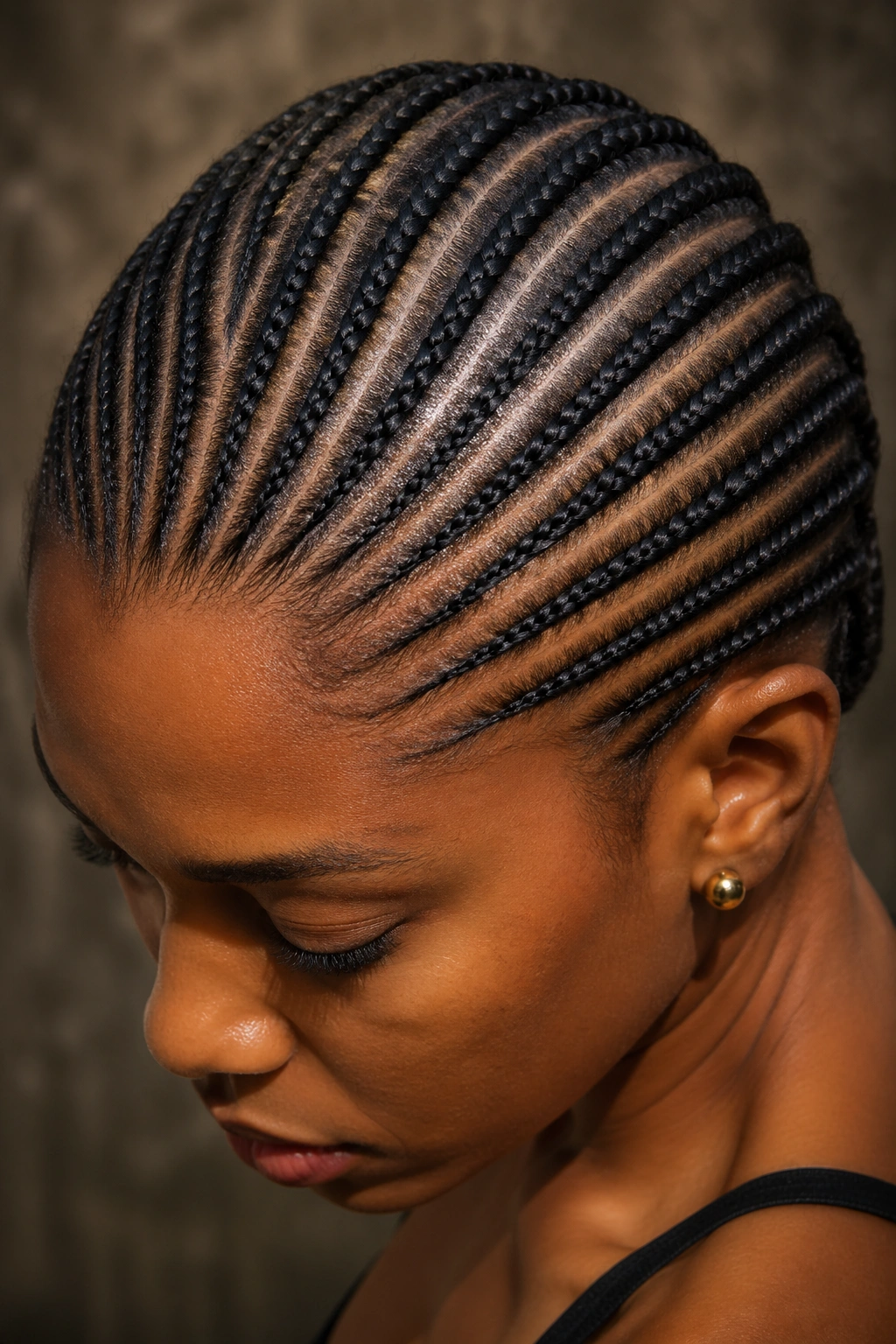 Close-up of a real person with twenty thin cornrows and exposed scalp detail