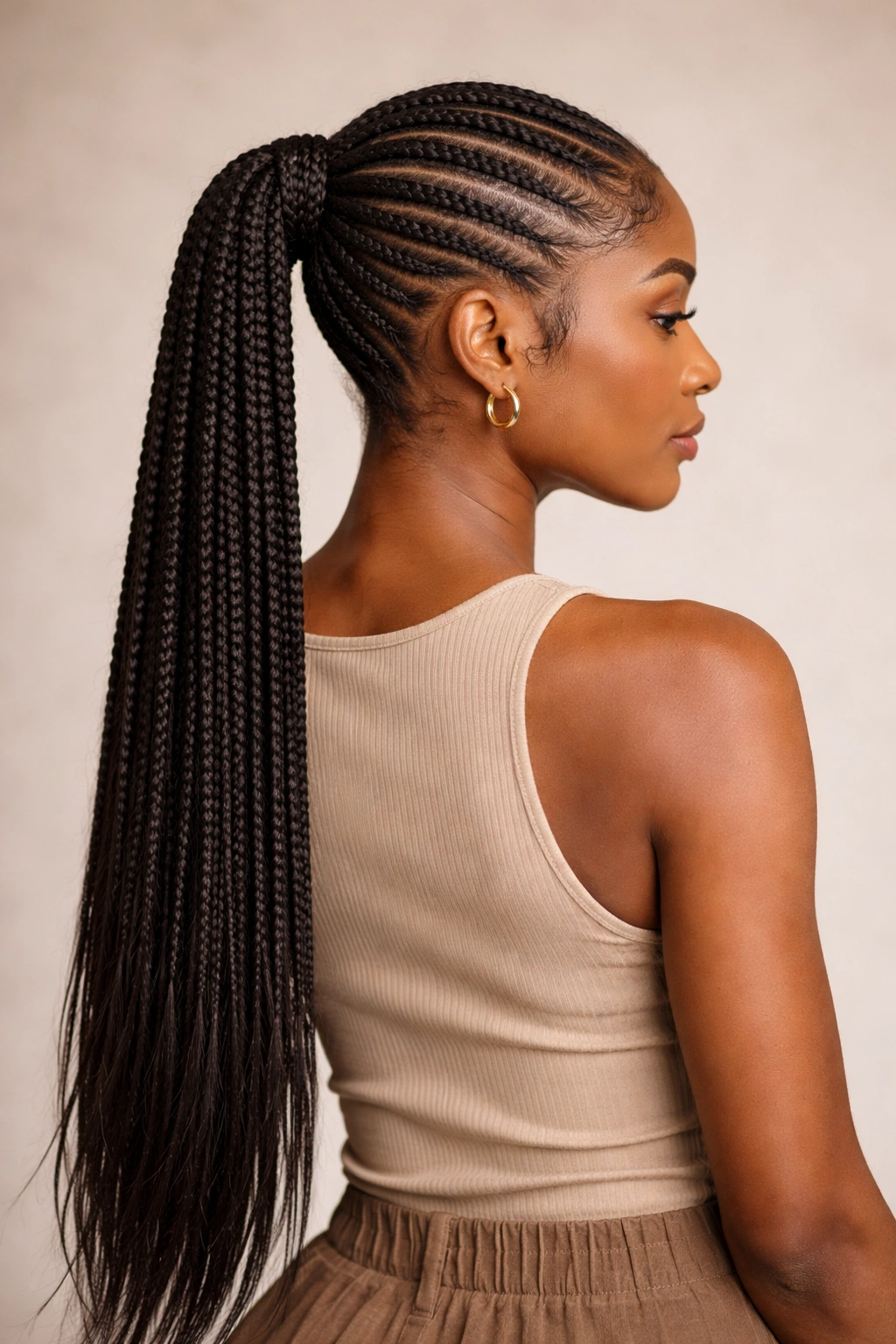 Side rear view of extended-length cornrow ponytail showing long braided tail