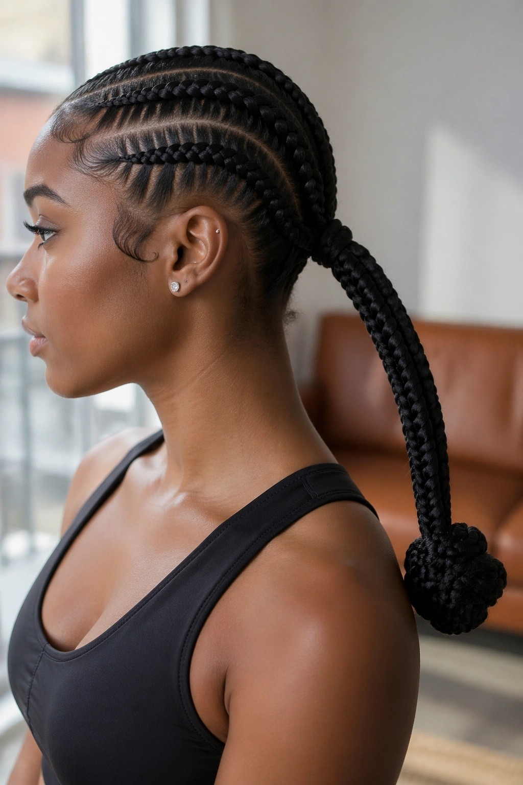 Side profile of a real woman with four braids extending into a long ponytail-bun