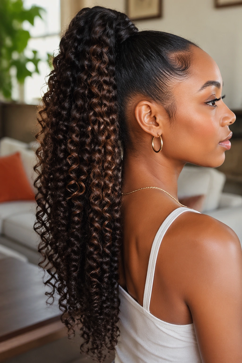 Real woman with extension-boosted faux ponytail blending into curls