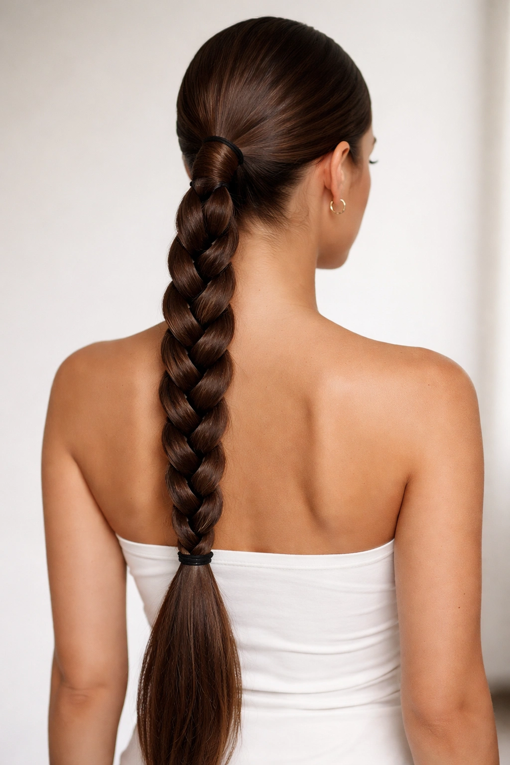Low braided ponytail with extension-length braid and hidden join
