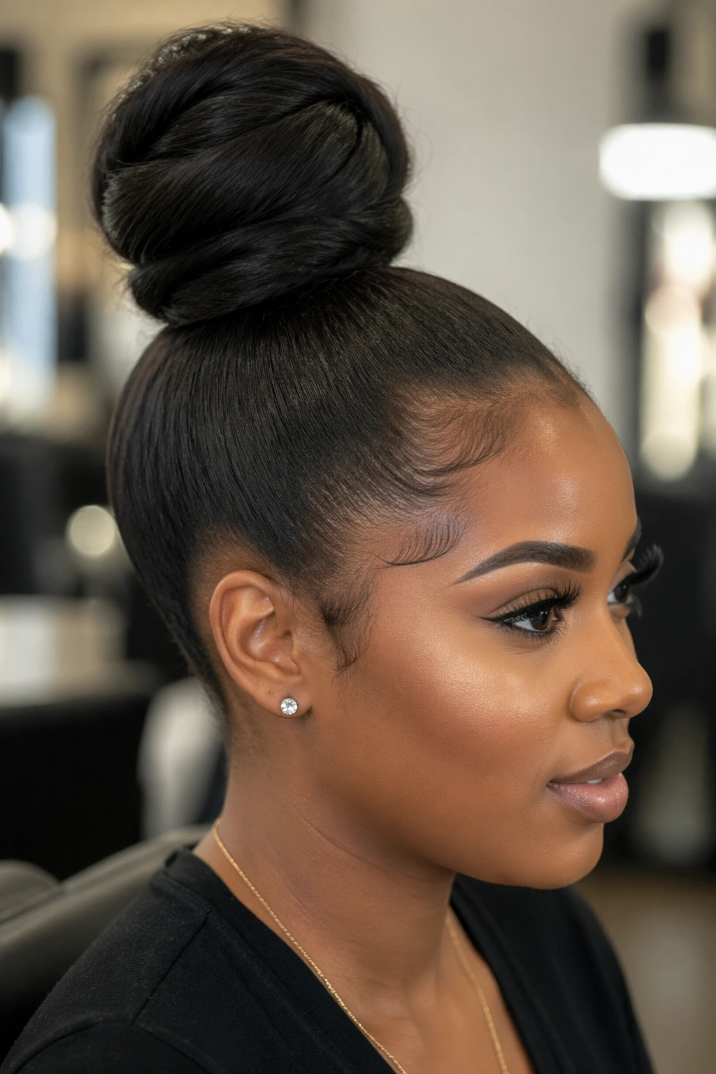 Close-up of a woman with an extension-enhanced full bun