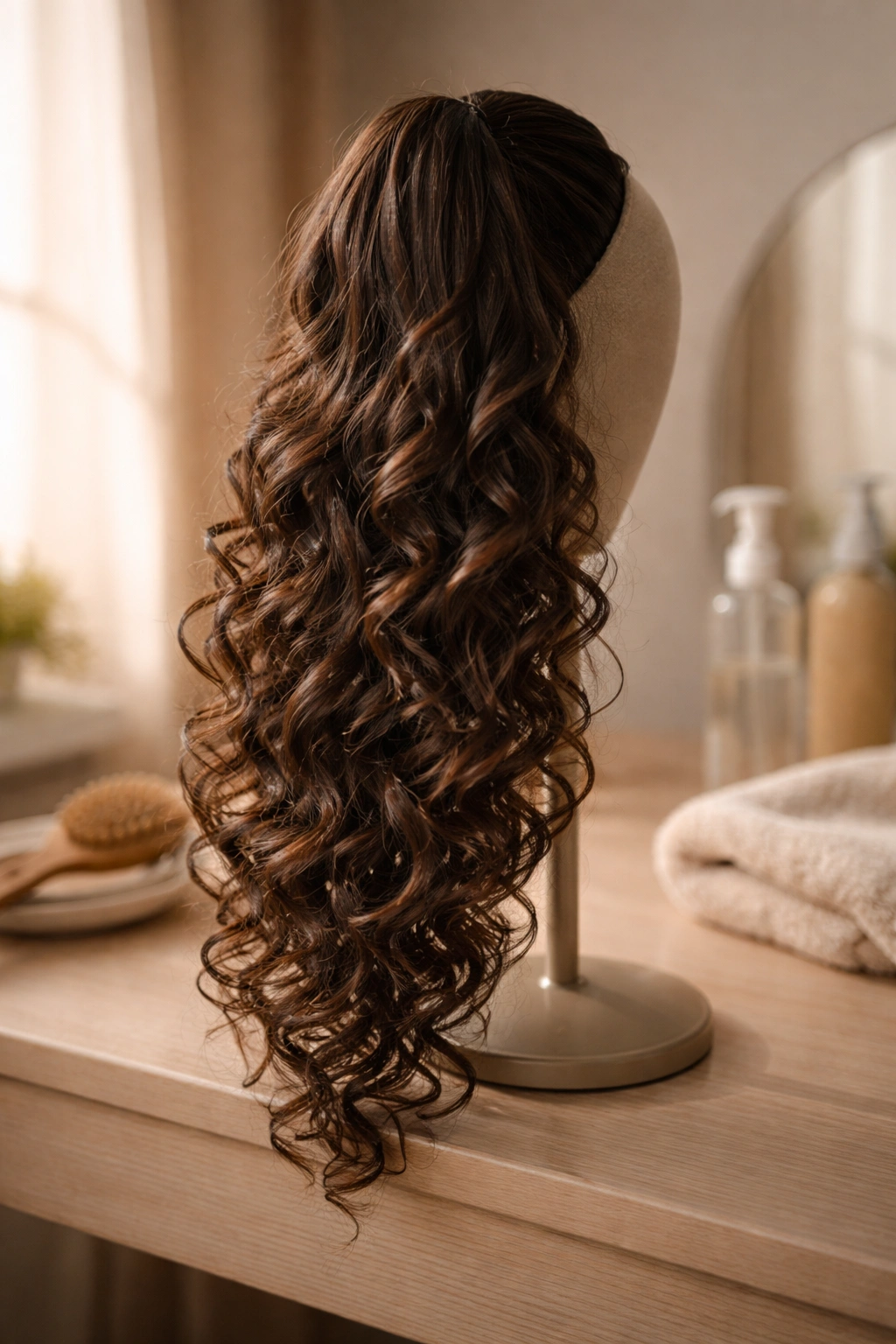 Ponytail extension neatly stored on a wig stand for maintenance