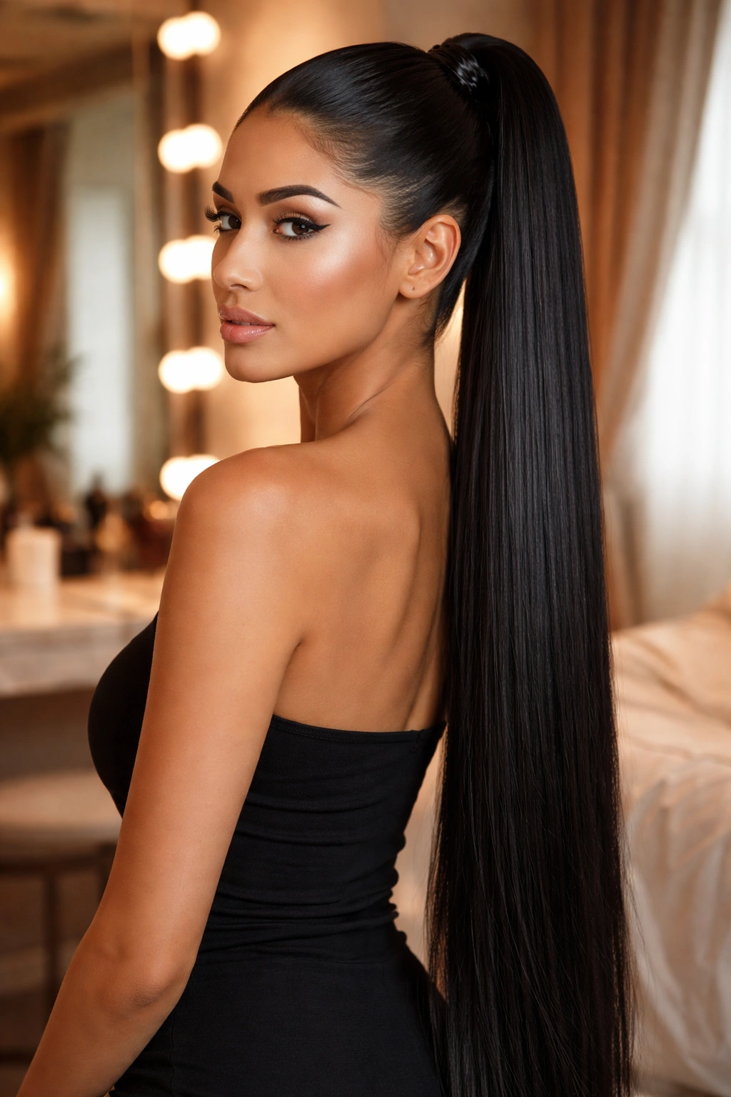Portrait of a woman with an extra-long extension ponytail blending with natural hair.