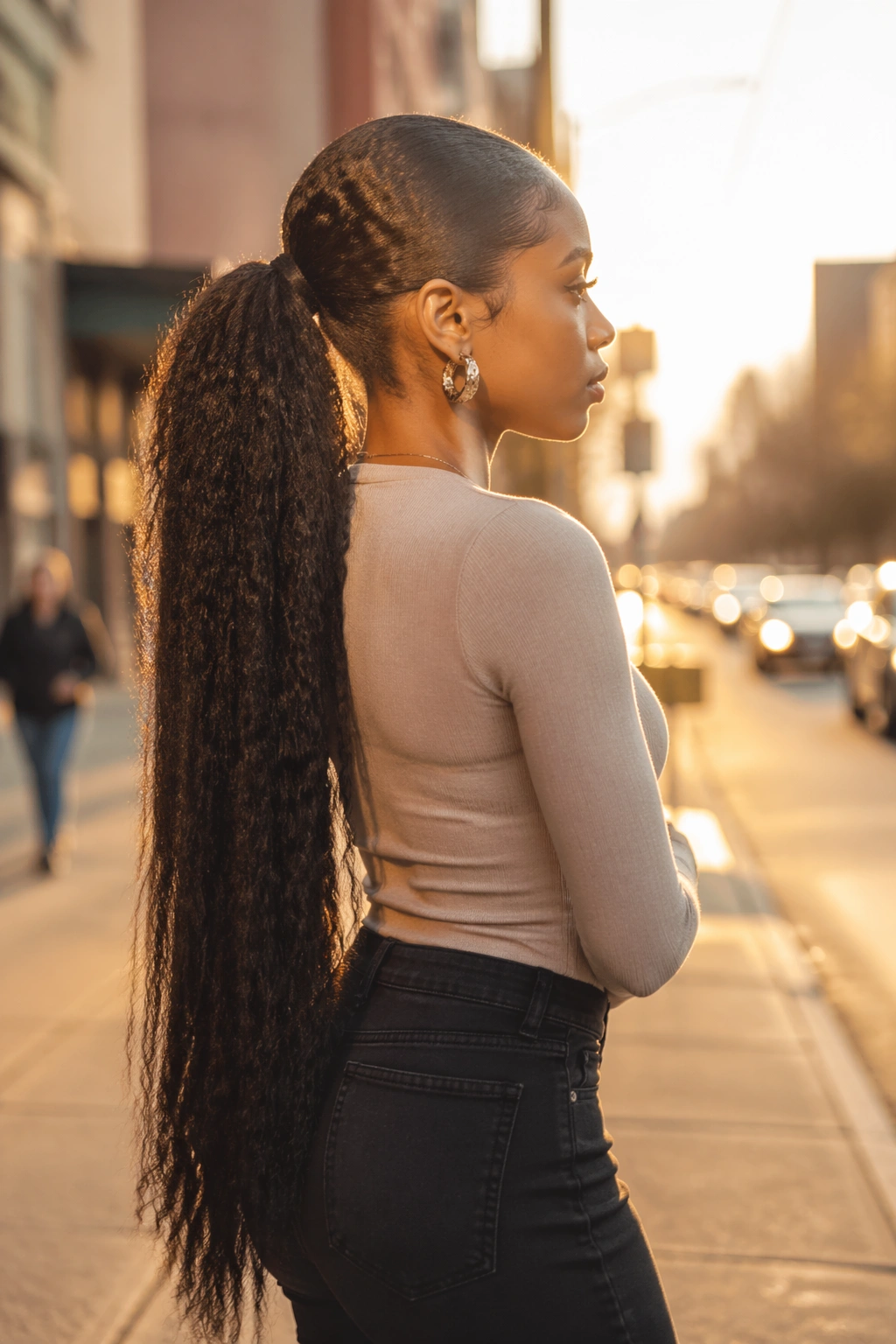 Side profile of extension-added low ponytail in city street light