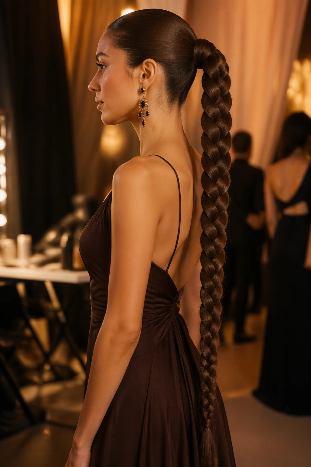 Profile view of a real woman with an extra-long brown braided ponytail at a formal event