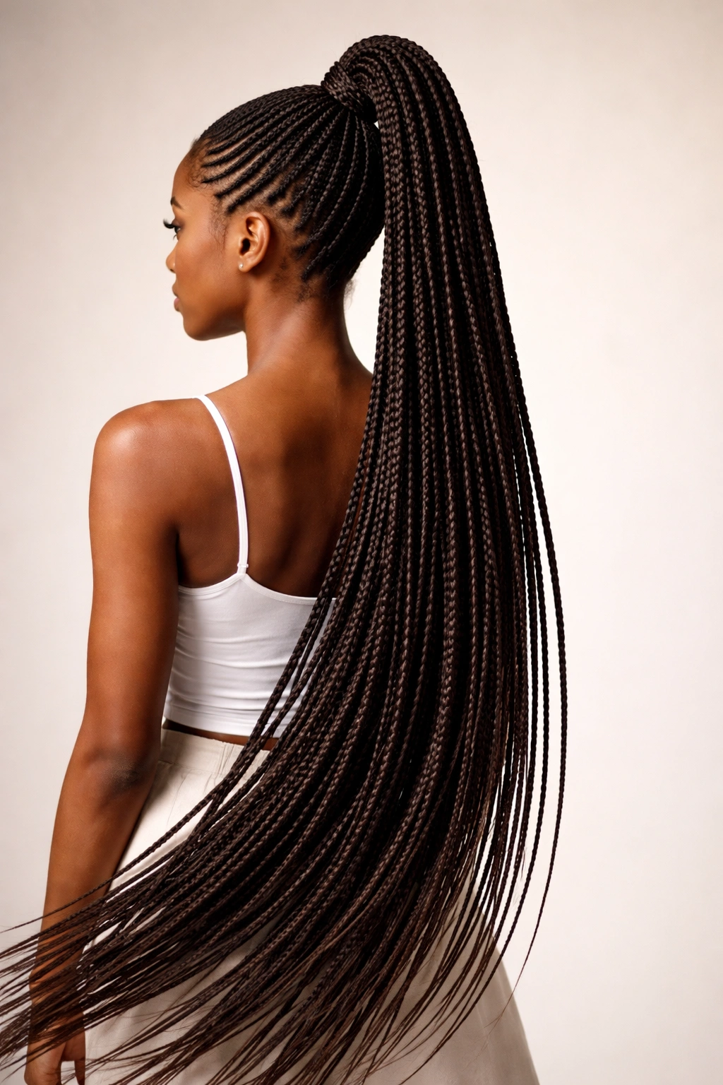 High ponytail with extremely long knotless braids cascading dramatically