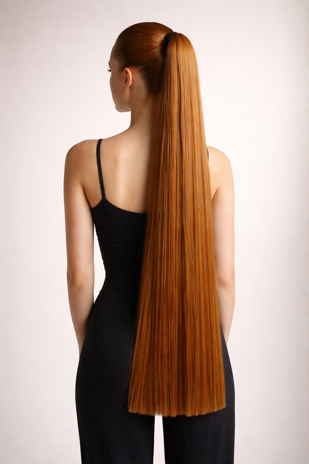 Full-length portrait of a ginger extra-long ponytail with a blunt bottom edge