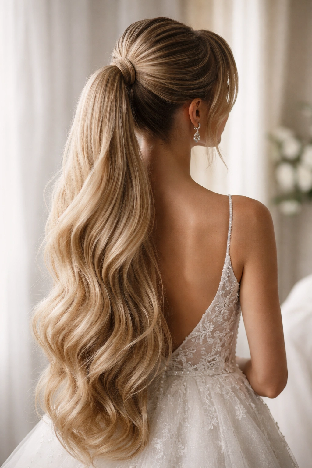 Close-up of an extra-long ponytail with extensions, lifted crown and cascading length.