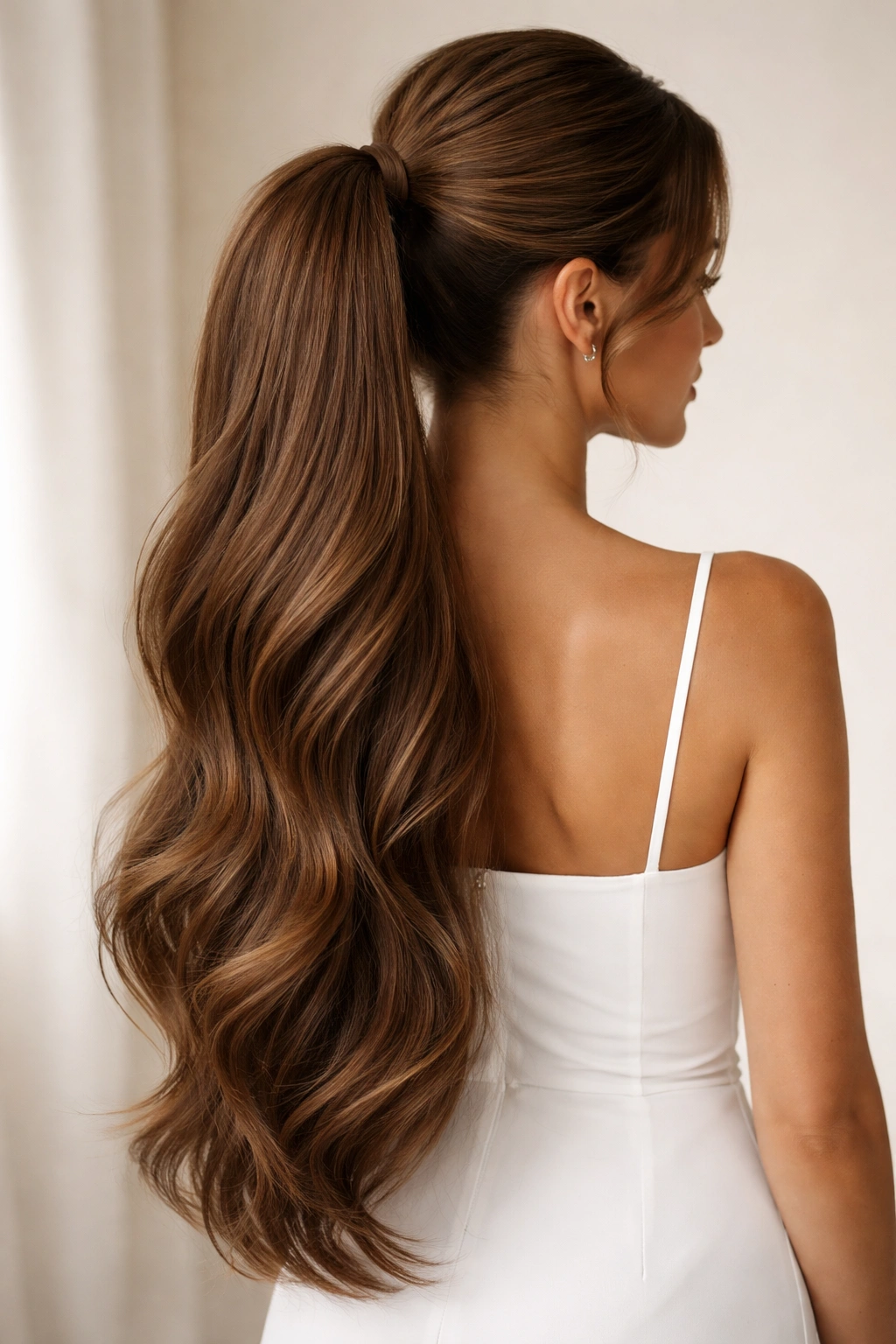 Extra-long low ponytail with full volume and gentle wave