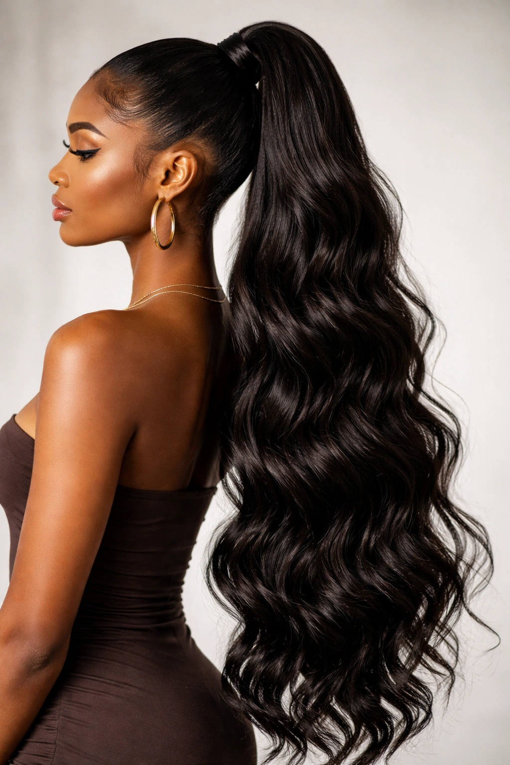 Extra-long high ponytail with full wavy length and anchored base
