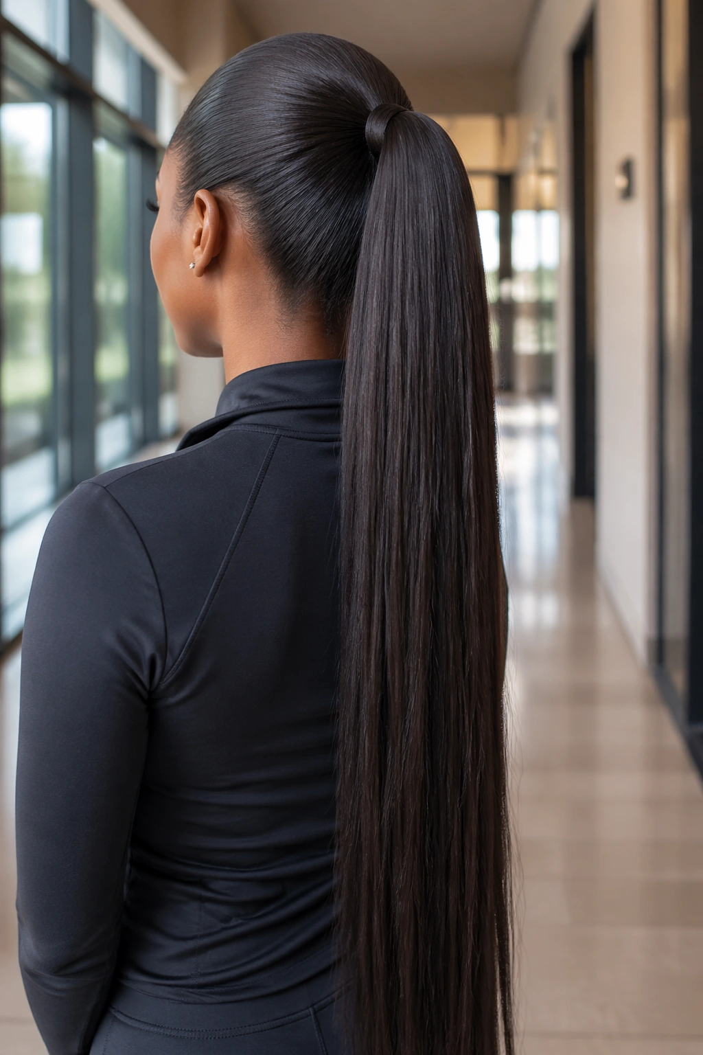 Back view of a real woman with an extra-long straight ponytail and invisible wrap
