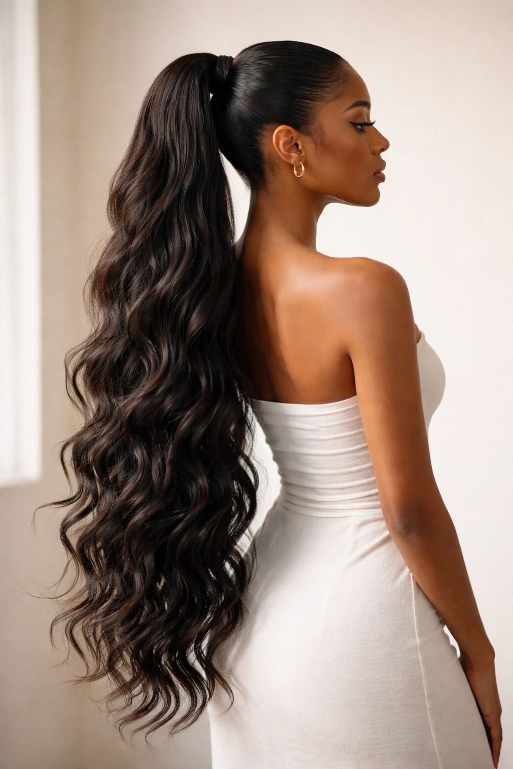 Side profile of extra-long weave ponytail with loose ends on wavy hair