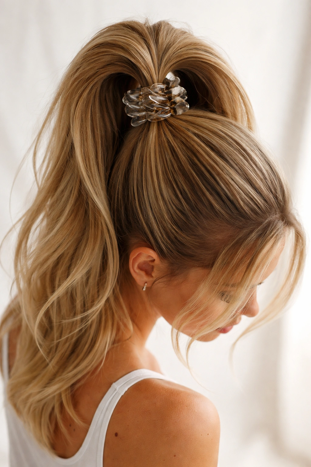 Hair in an extremely high pony at the crown with head bent forward