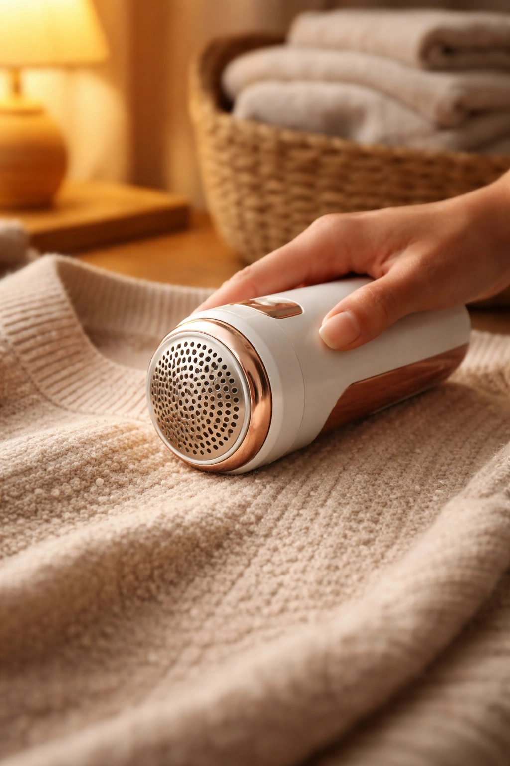 Fabric shaver removing pills from knit in a cozy home setting