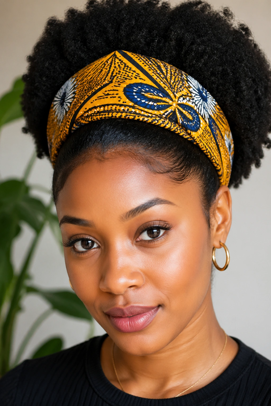 Close-up portrait wearing a wide fabric crown headband on the head