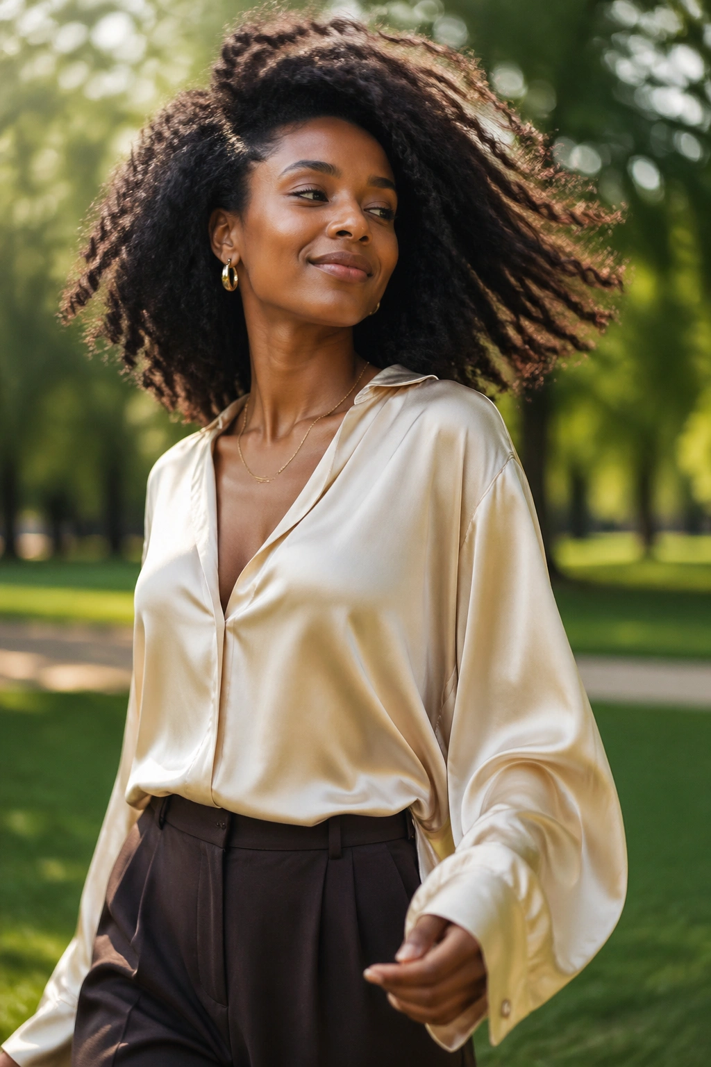 Mid-shot of a woman in flowing silk with hair moving in breeze outdoors