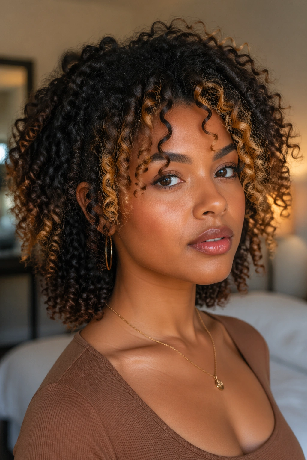 Close-up of real person with front face-frame caramel and darker back hair