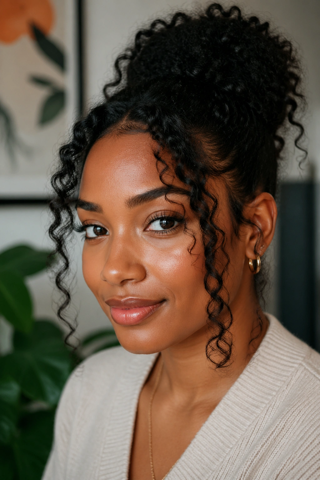 Portrait showing face-framing curls on a real person suitable for all face shapes
