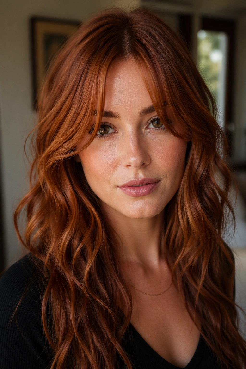 Close-up of a real person with face-framing bangs at a center part in red hair