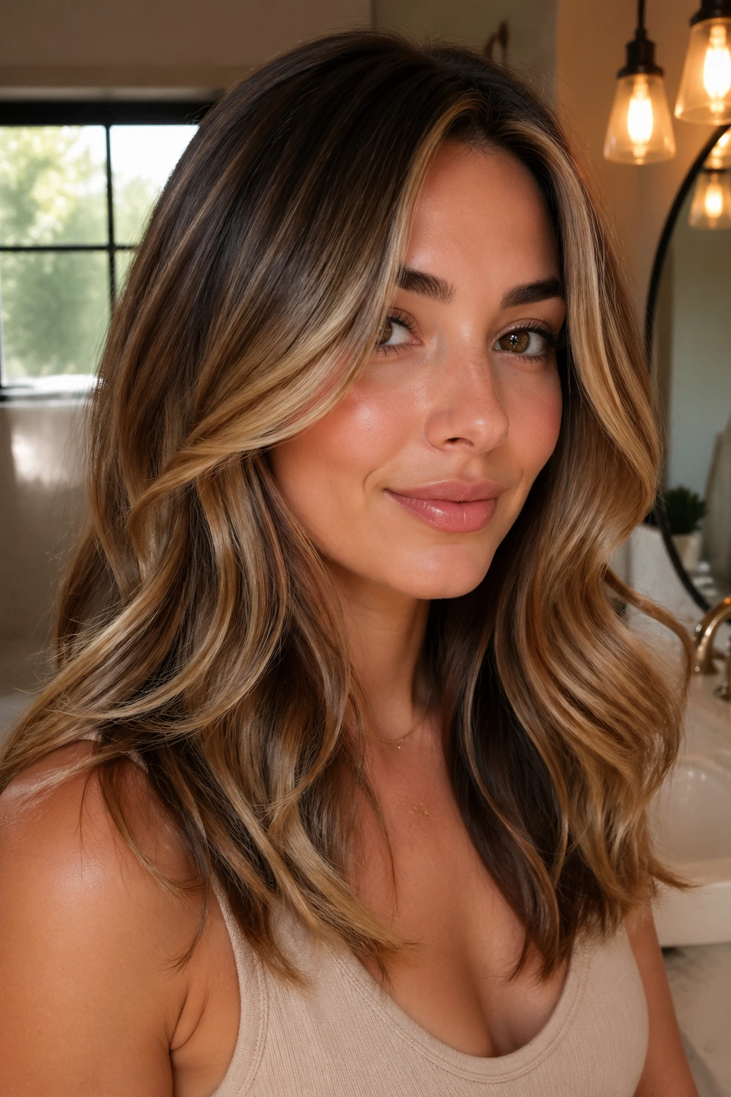 Close-up portrait of a real woman with face-framing blowout waves