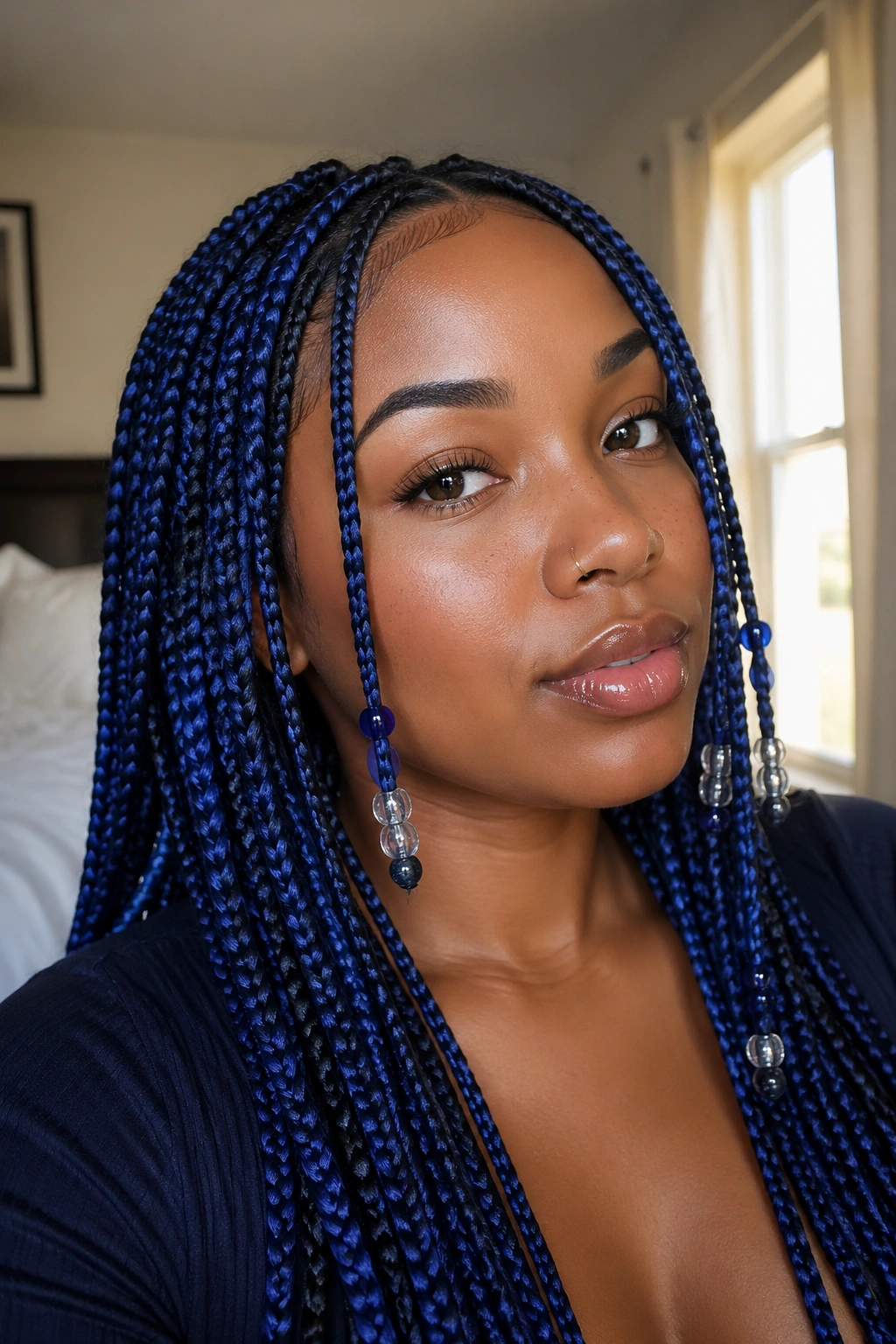 Close-up of a real person with face-framing blue knotless box braids and bead accents