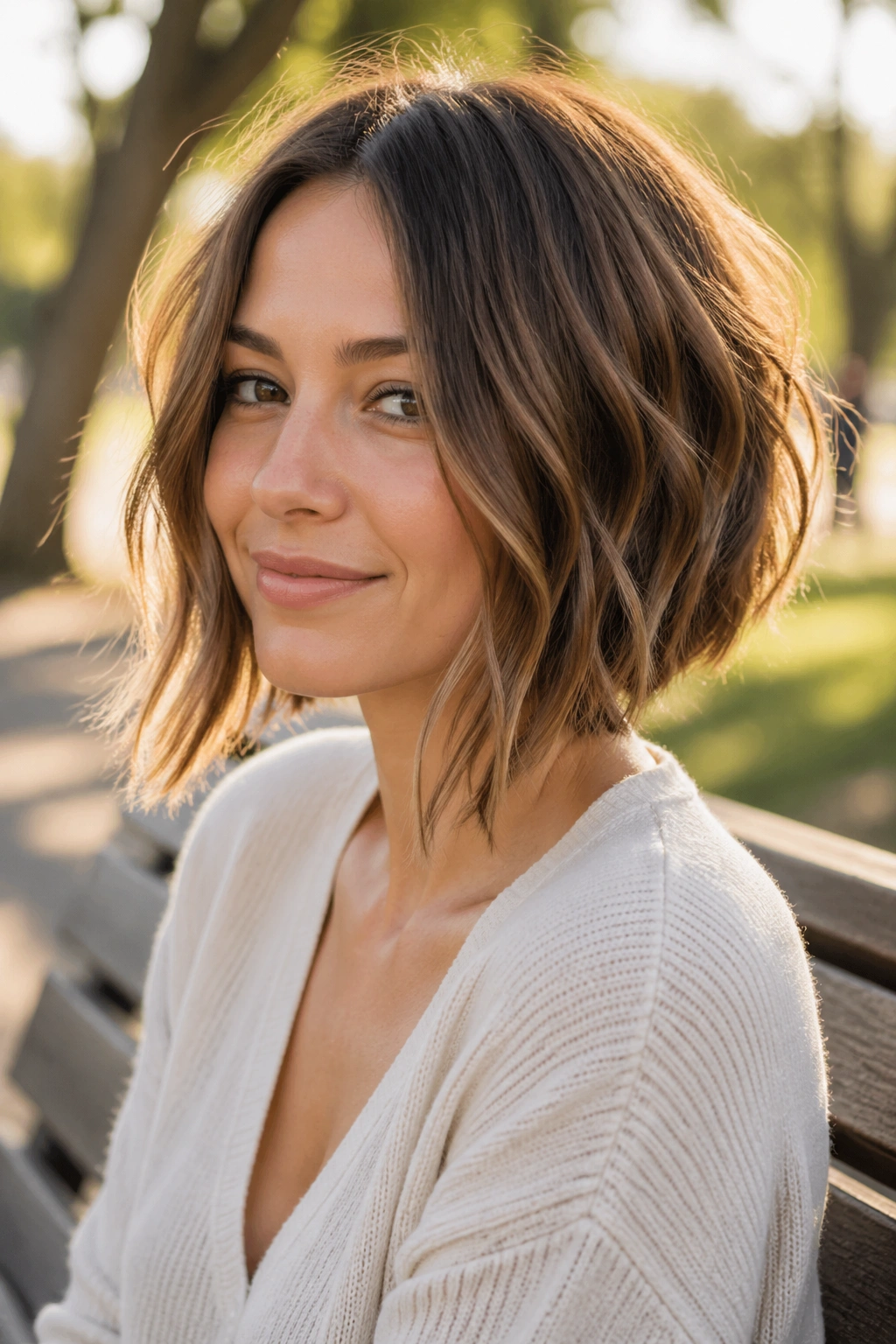 Close-up of a real woman with a face-framing bob and long front panels in golden hour park light