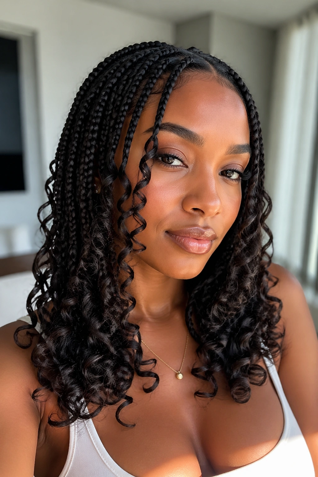 Real woman with face-framing box braids and layered curls.
