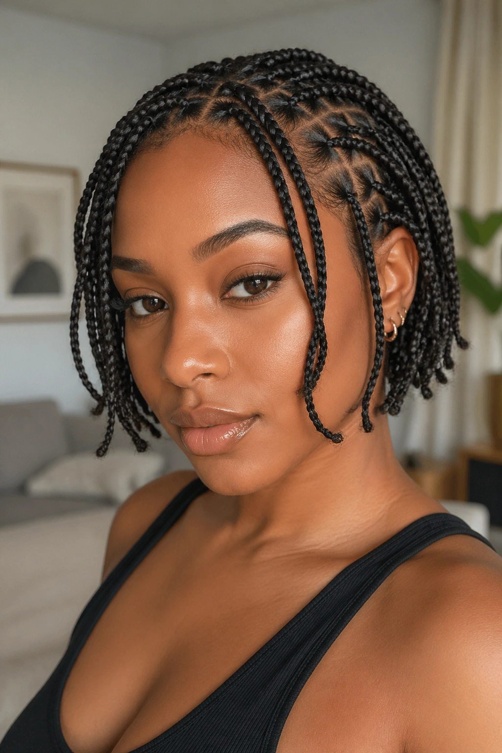 Close-up of a woman with face-framing short box braids around the temples