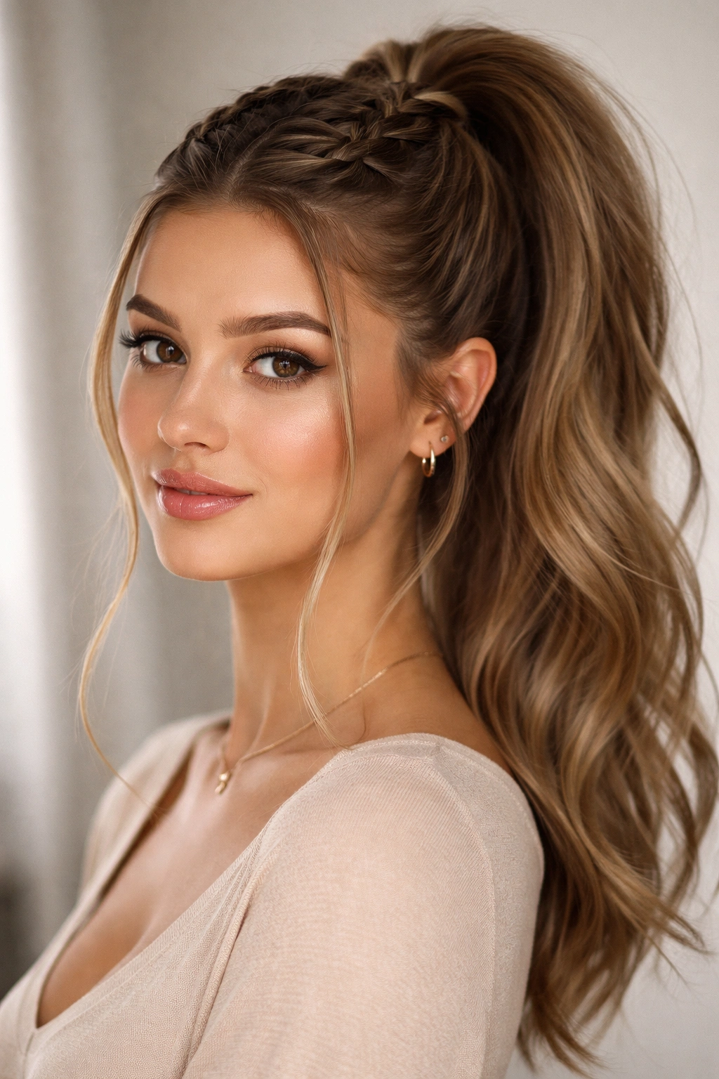 Face-framing braids with two loose front strands leading to a high ponytail