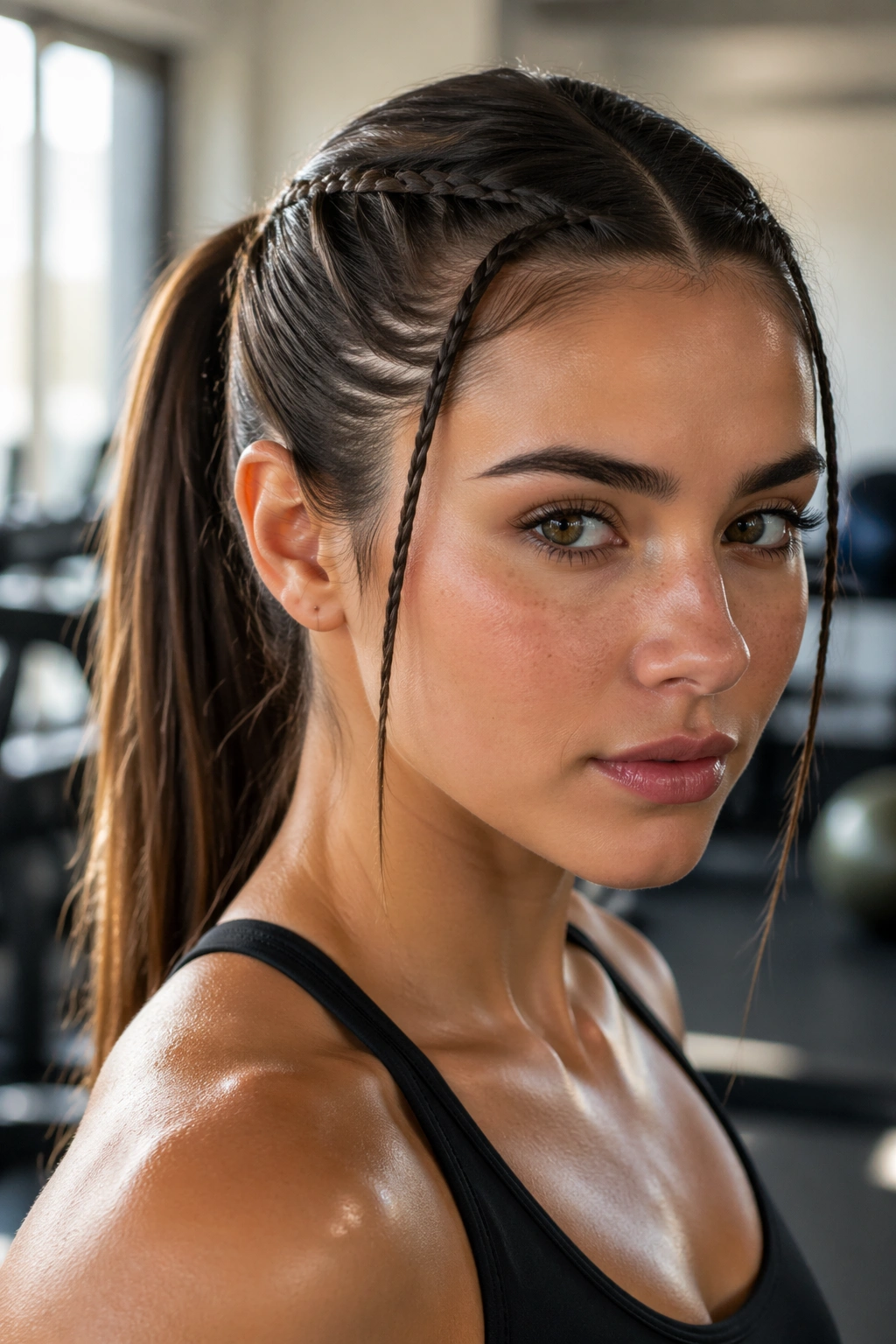 Close-up of a real woman with face-framing braids and a sporty ponytail in gym lighting